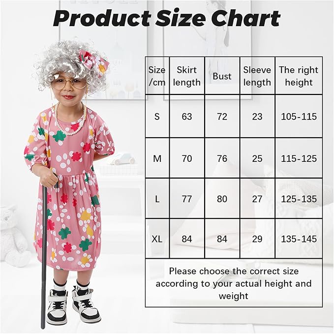 Old Lady Costume for Kids Girls Grandma 7pc Costume 100th Days of School Dress Up Halloween Cosplay Old Person Granny Outfit