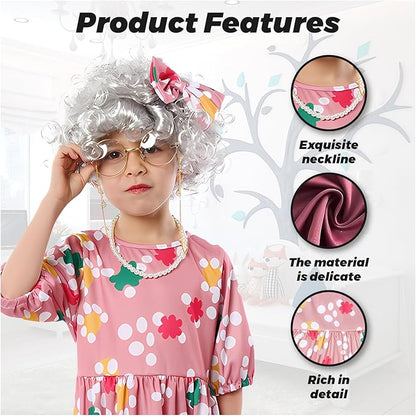 Old Lady Costume for Kids Girls Grandma 7pc Costume 100th Days of School Dress Up Halloween Cosplay Old Person Granny Outfit