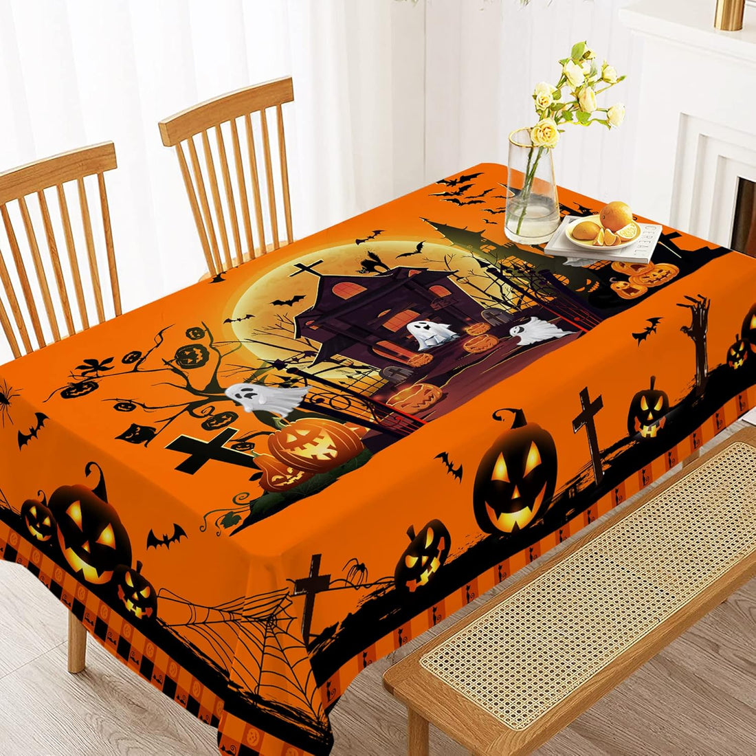 Orange Pumpkin Castle Tablecloth Halloween Disposable (140cm x 220cm)