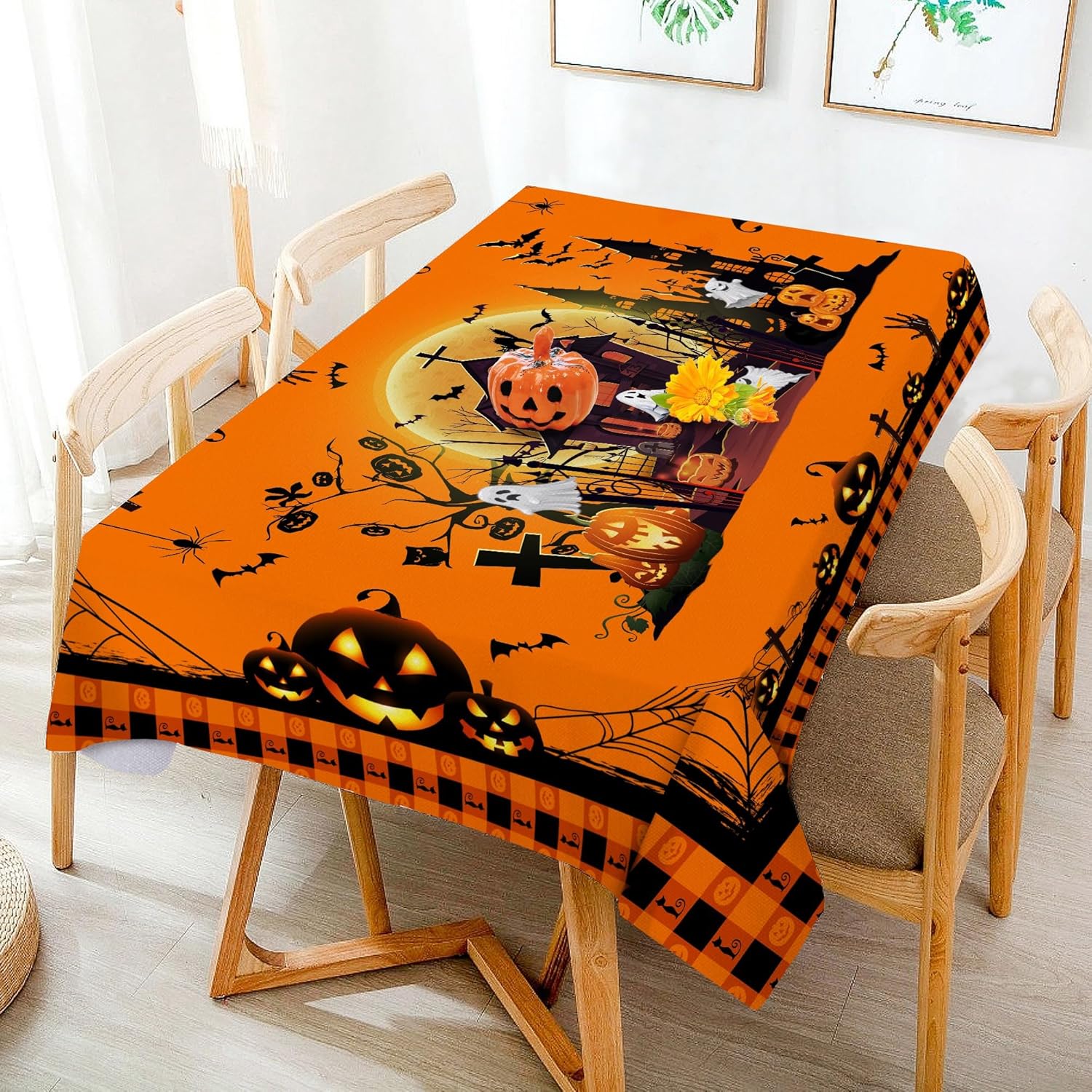 Orange Pumpkin Castle Tablecloth Halloween Disposable (140cm x 220cm)