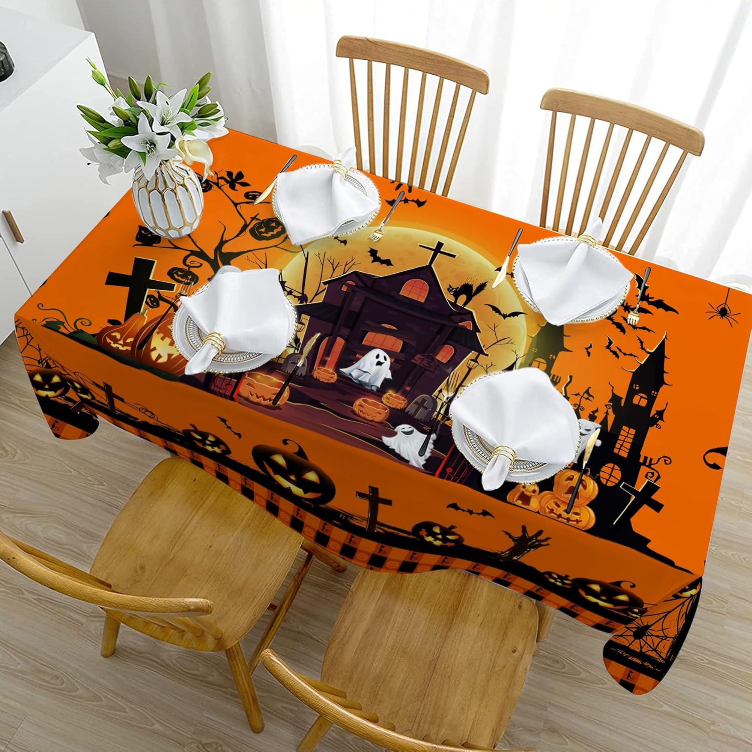 Orange Pumpkin Castle Tablecloth Halloween Disposable (140cm x 220cm)