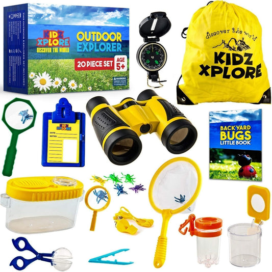 Kidz Xplore Outdoor Explorer Set - Bug Catching Kit Nature Exploration Children Outdoor Games Mini Binoculars Kids, Compass, Whistle, Magnifying Glass