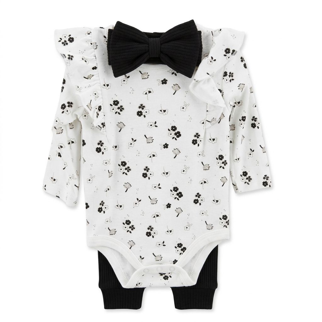 Dream gro Black and White Flower Bodysuit, Pants &amp; Headband 3pc set