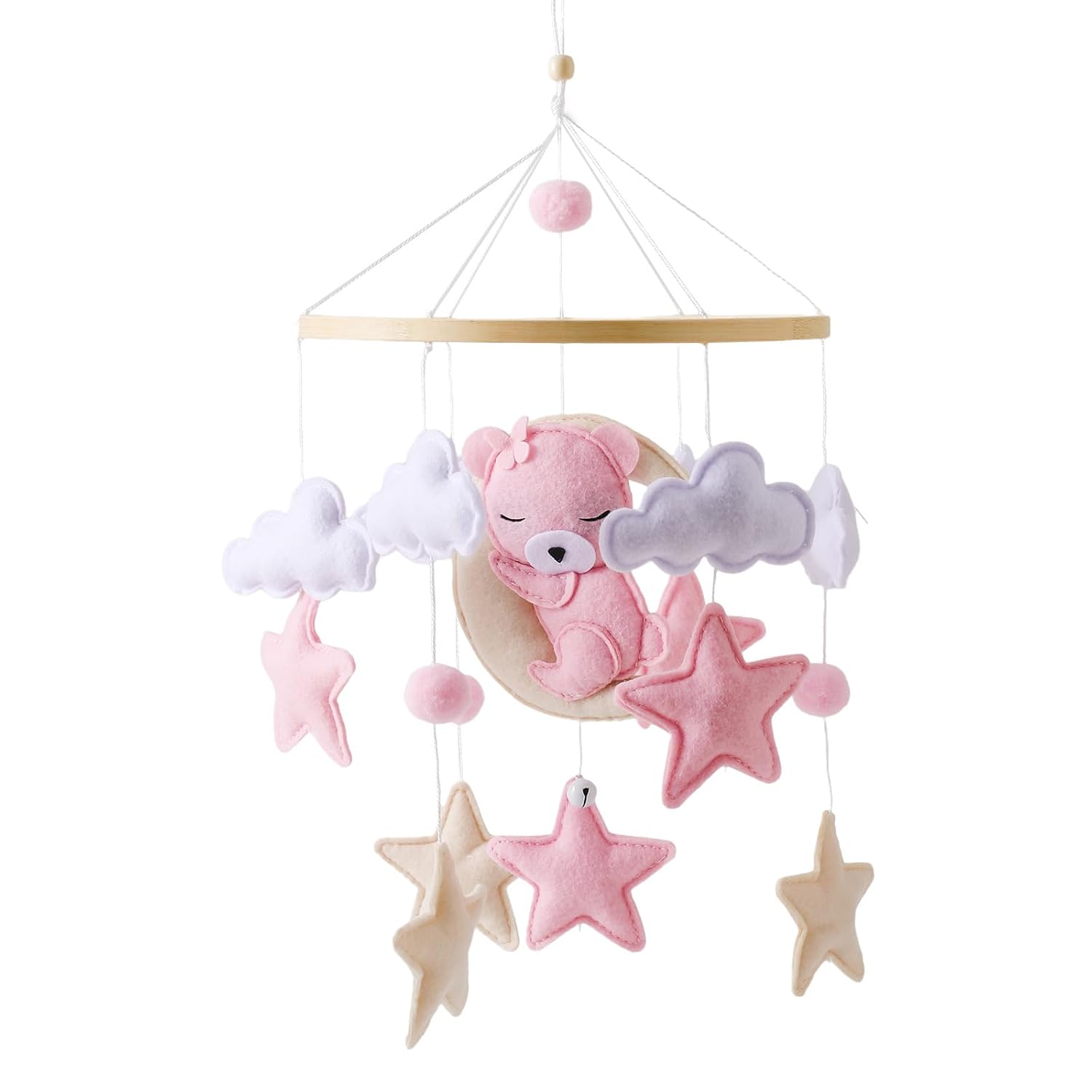 Pink Bear Cuddling the Moon Felt Crib Mobile
