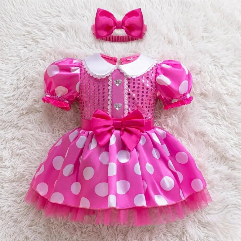 Minnie Mouse Sparkly Pink And White Polka Dot Dress