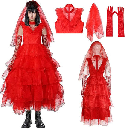 Lydia Deetz Adult Red Dress Beetlejuice Lydia Cosplay  Costume Halloween Party Suit