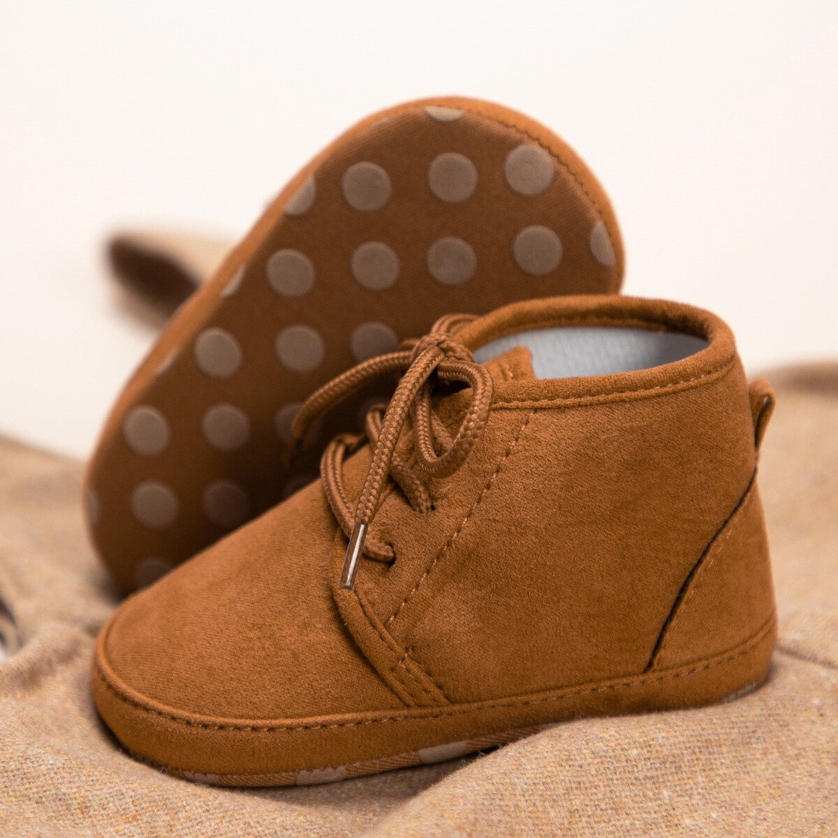 Brown suede lace-up baby shoes