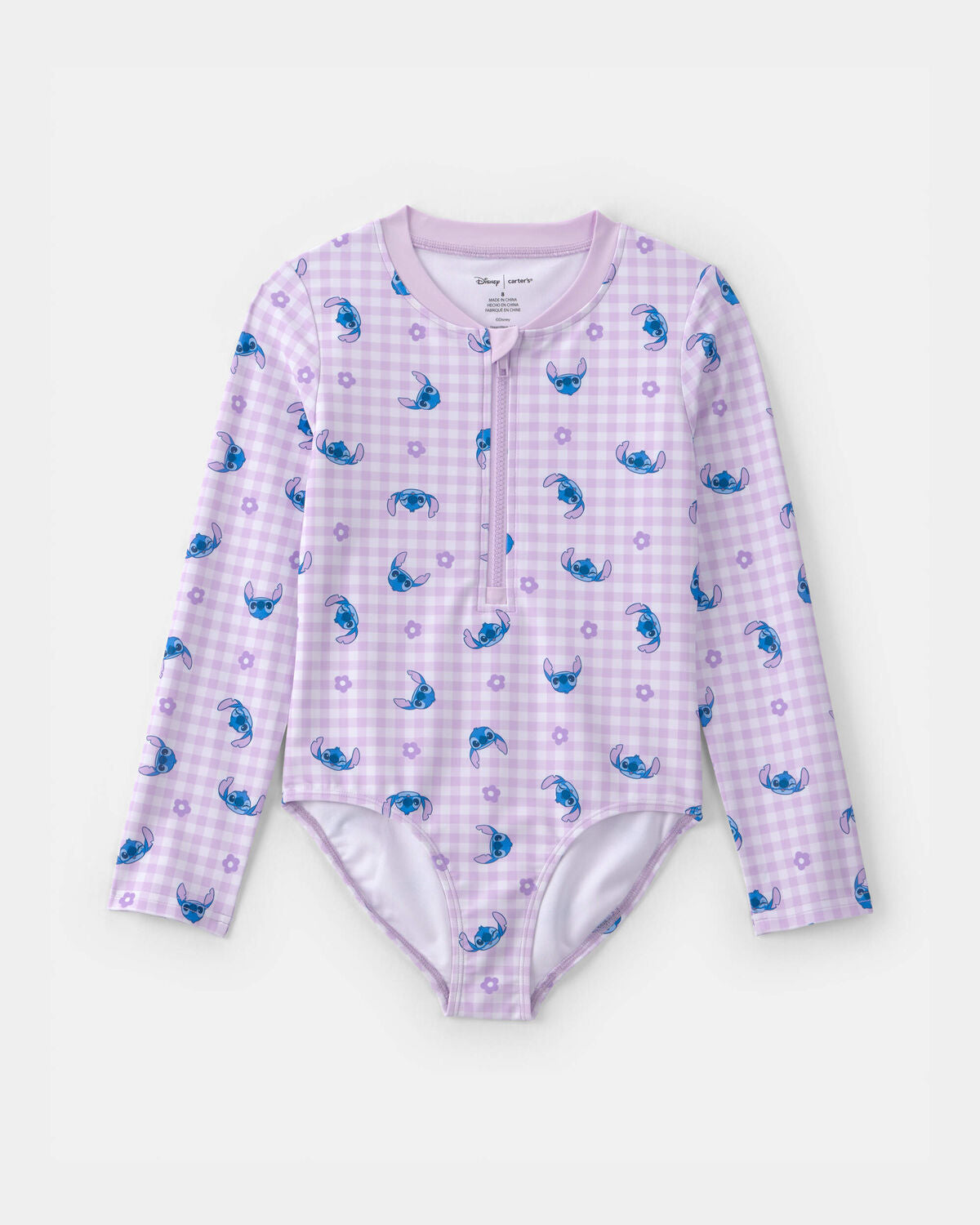 Girls Lilo &amp; Stitch Gingham 1-Piece Rashguard Swimsuit - Purple/Blue
