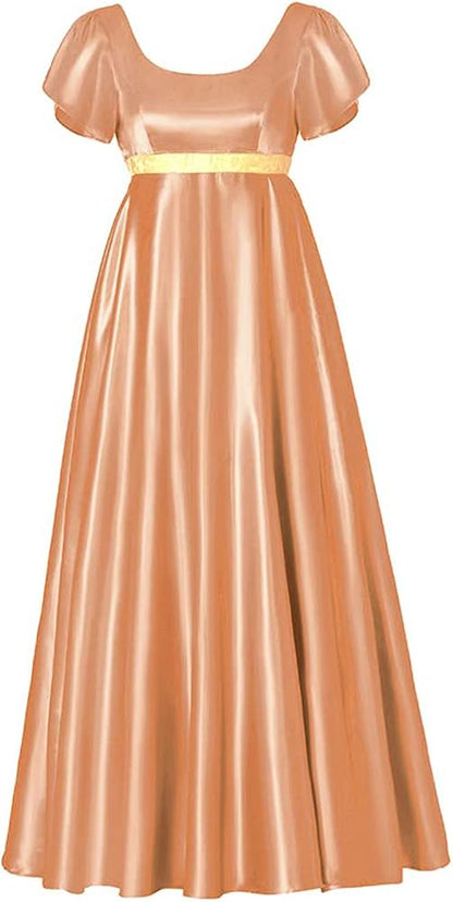 Satin Regency Dresses for Women with Sash Vintage Renaissance Puff Sleeve Empire Waist Maxi Dress Halloween Ball Gown
