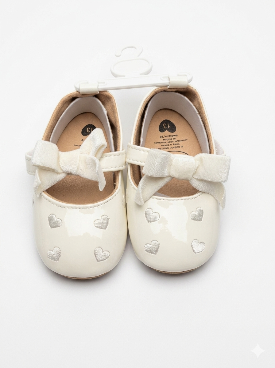 White bow heart design Mary Jane flats