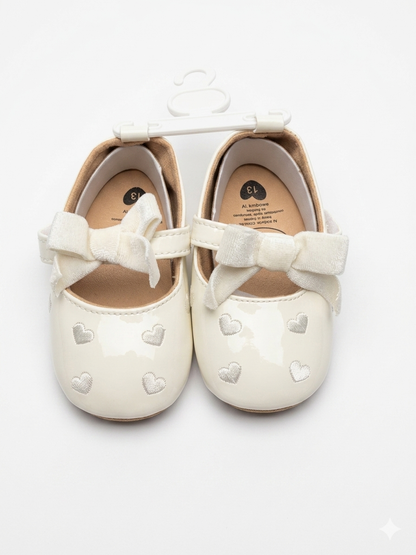 White bow heart design Mary Jane flats