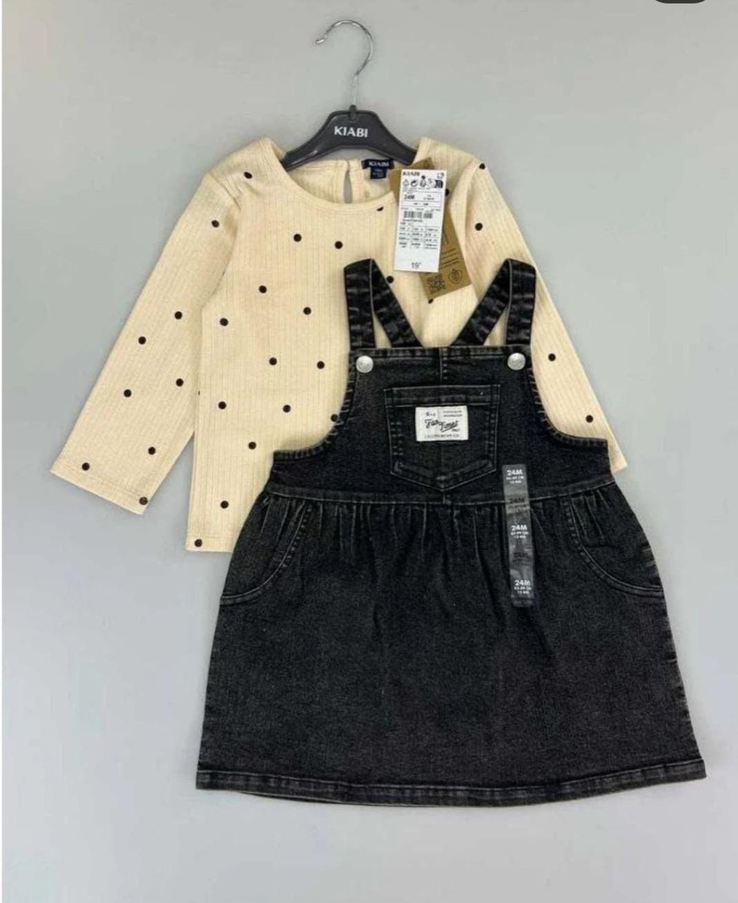 Kiabi Black Denim Pinafore Dress &amp; Polka Dot Top Set
