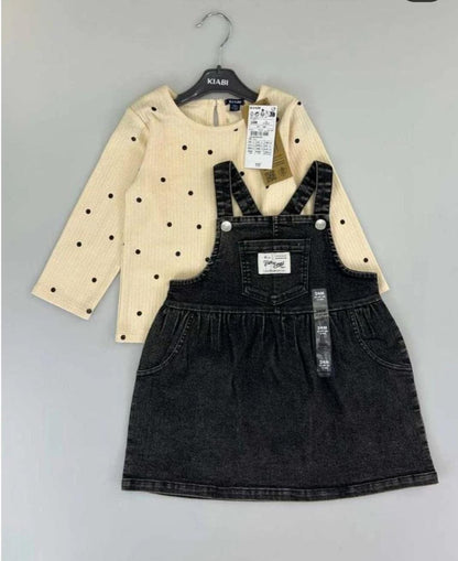 Kiabi Black Denim Pinafore Dress &amp; Polka Dot Top Set