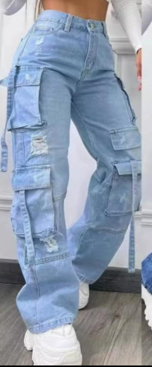 Light Blue Female Baggy Cargo Jeans