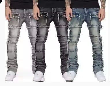 Stack Legged Denim Pants With Cargo Pockets
