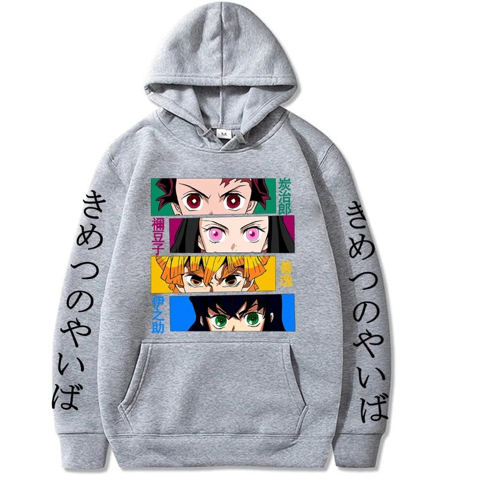 Demon Slayer Faces Hoodie Grey