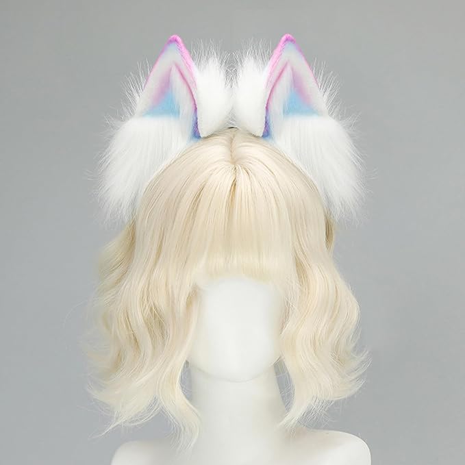 Faux Fur Animal Cosplay Ears With Blonde Bob Wig