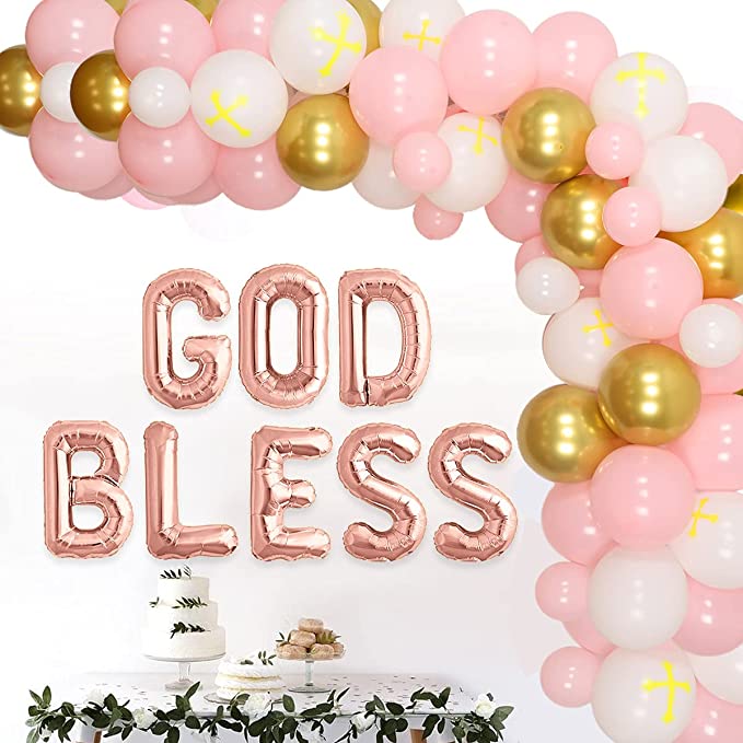 GOD BLESS Girls Rose Gold Pink Balloon Package (Christening /Baptism)