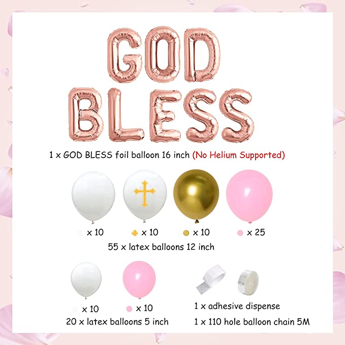 GOD BLESS Girls Rose Gold Pink Balloon Package (Christening /Baptism)