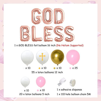 GOD BLESS Girls Rose Gold Pink Balloon Package (Christening /Baptism)