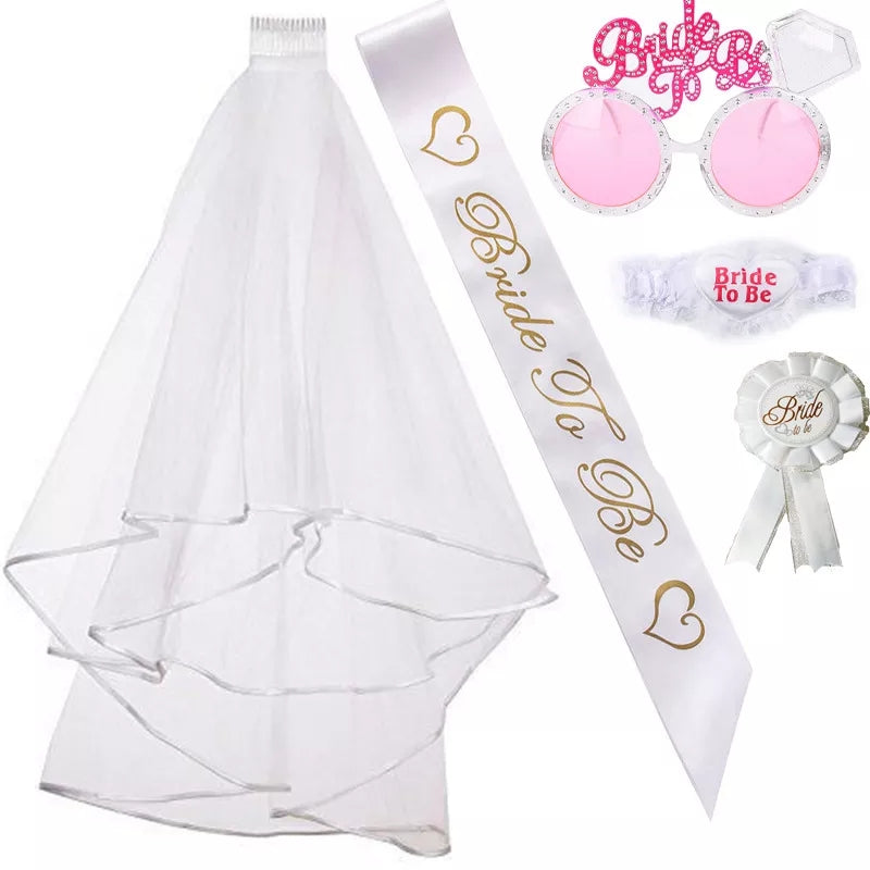 Wedding 5PC Decoration Package - Bridal Shower Wedding Veil Team Bride To Be Satin Sash Girl Hen Party Bachelorette Party Decoration Supplies