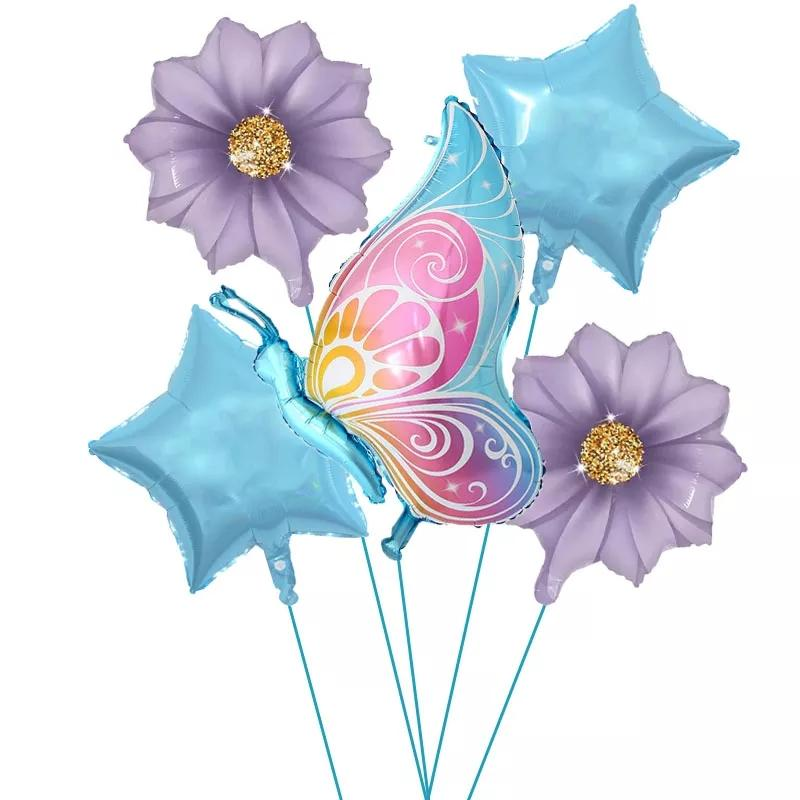 Butterfly Flower 5PC Foil Balloon purple sky blue