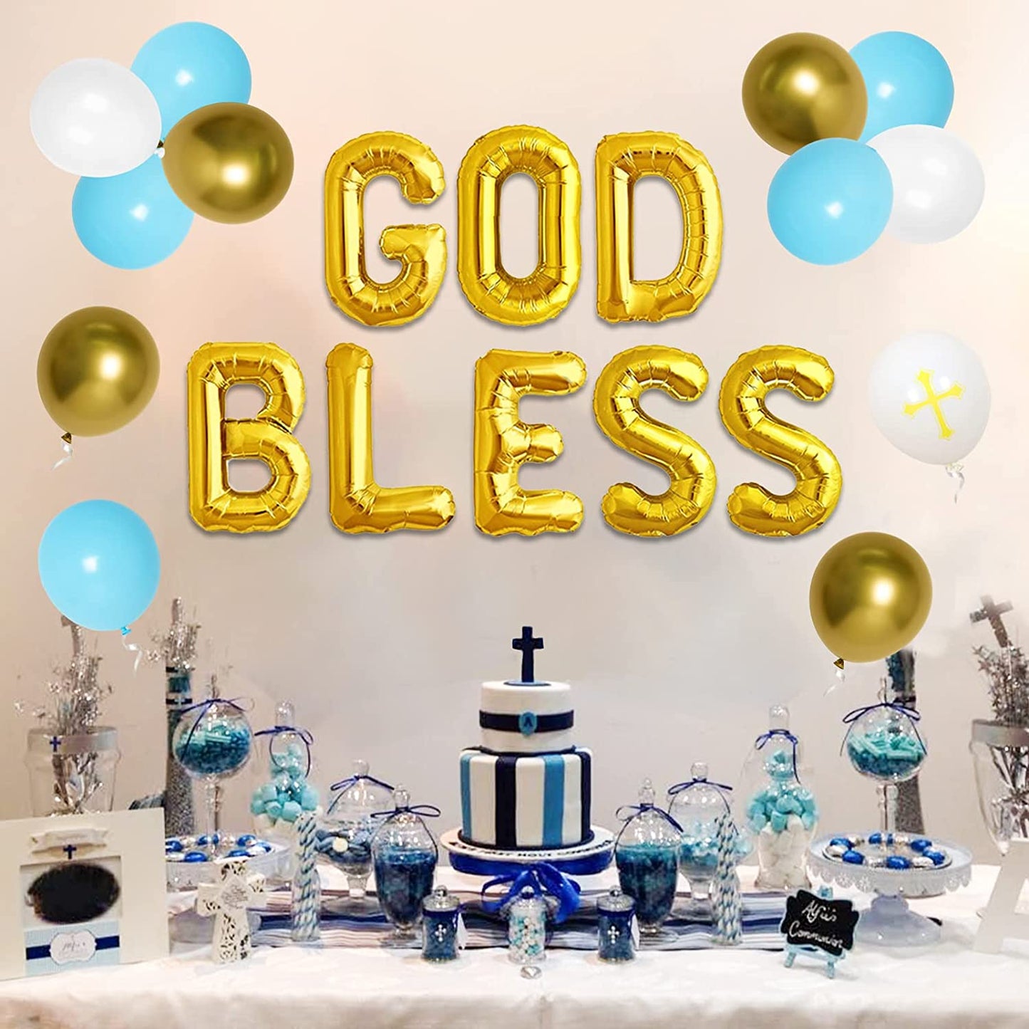 GOD BLESS Boy Blue Balloon Package (Christening /Baptism)