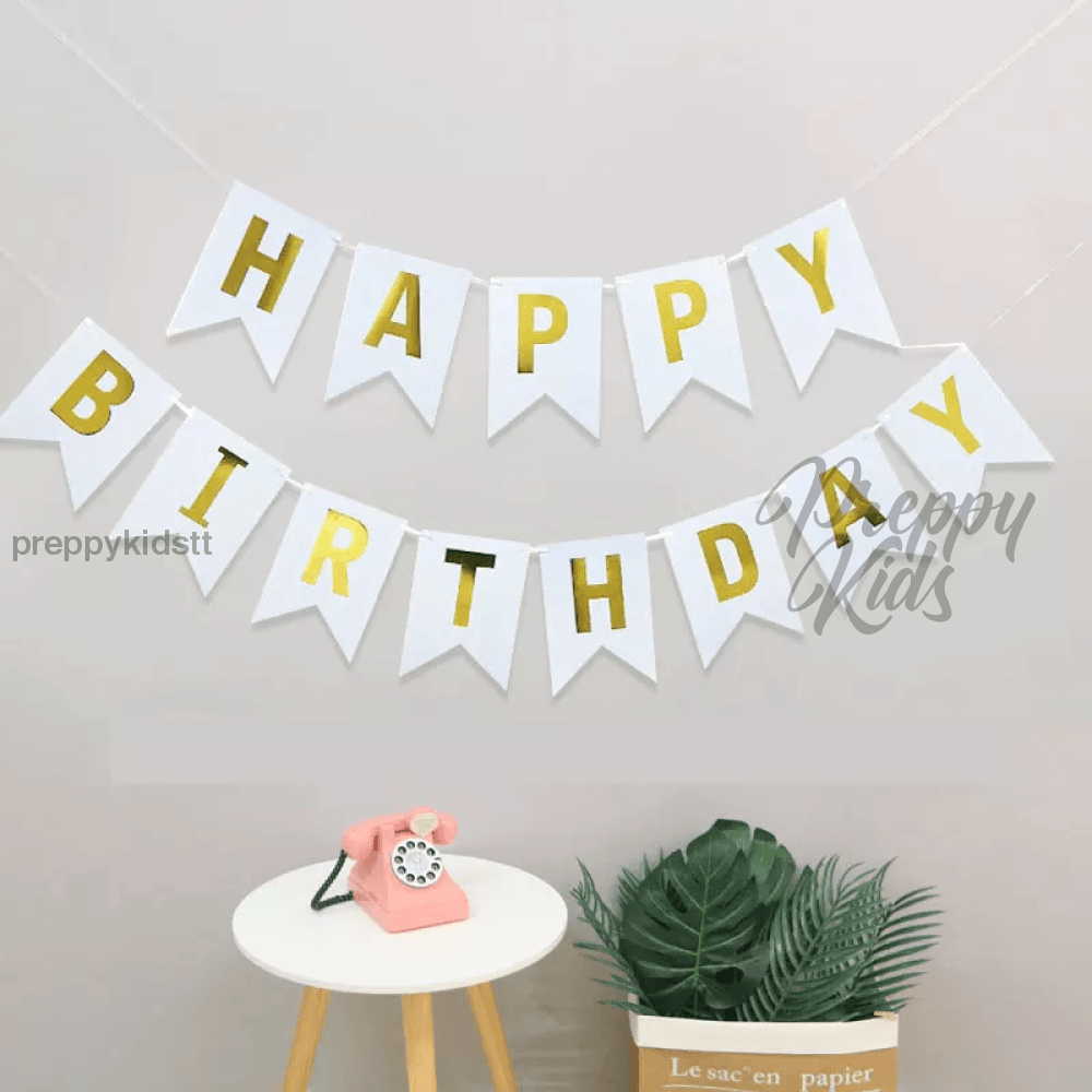 Happy Birthday Banner (White & Gold) Party Decorations