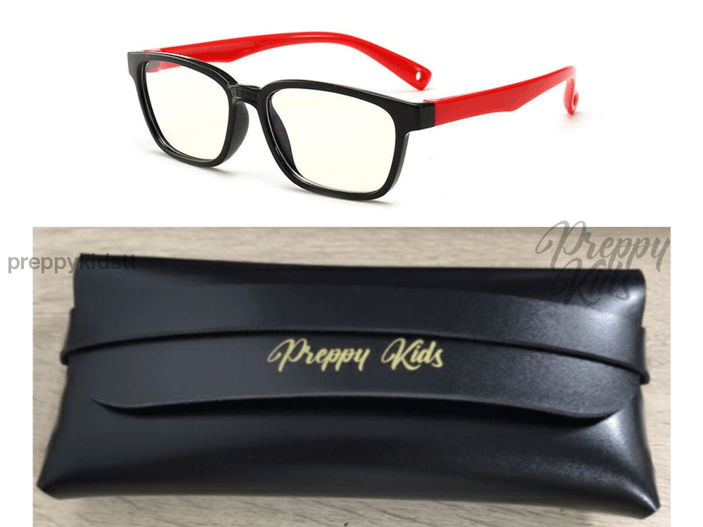 Kids Bendable Blue Light Glasses (Ages 4 To 9) (Non-Prescription) Black & Red With Case